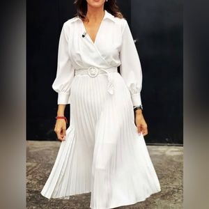 ZARA WOMAN WHITE PLEATED MIDI BELTED DRESS SIZE S REF: 2298/178 NWT